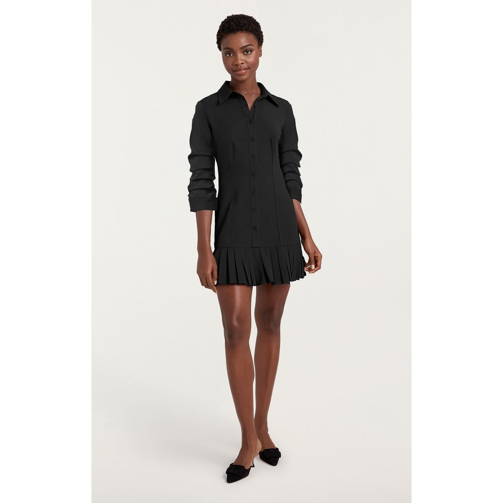 Cinq a Sept Lucilla Black Pleated Hem Ruched Sleeve Shirt Mini Dress 8 - Picture 2 of 6